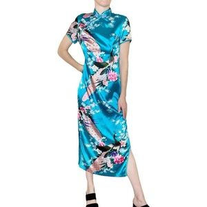 NWOT Retro Blue Chinese Floral Peacock Traditional Midi Short Sleeve Dress